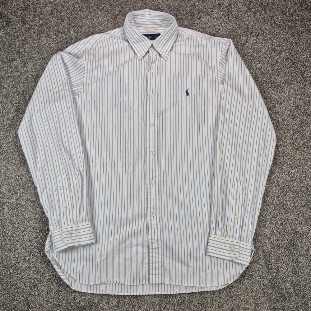 Ralph Lauren Dress Shirt Mens 16 White Blue Striped Cotton Button Down